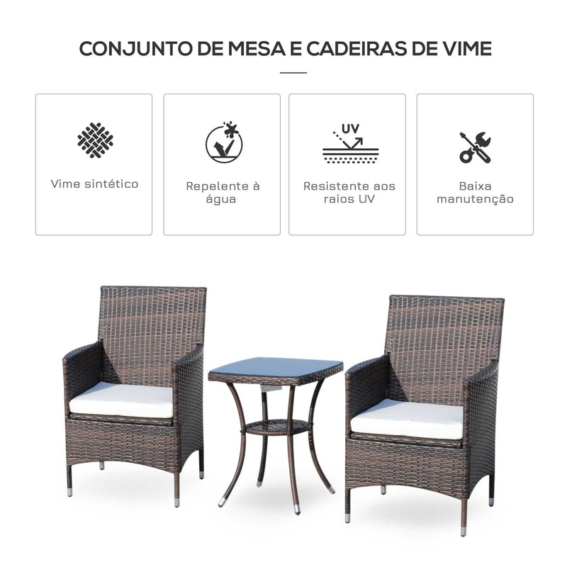 Conjunto de Móveis de Exterior para Varanda Inclui 1 Mesa 2 Cadeiras 2 Almofadas Vime Metal Marrom