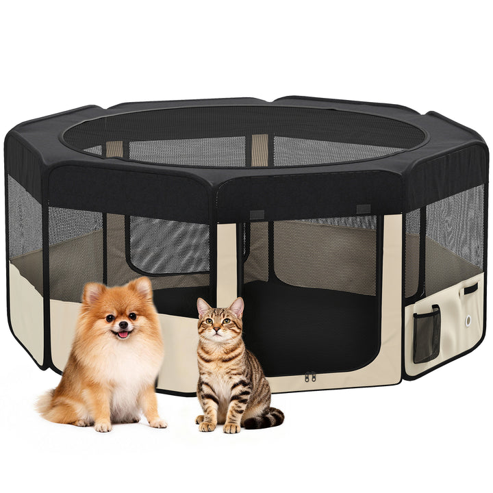 Parque Dobrável para Cães e Gatos Cercado Portátil para Animais Pequenos em Tecido Oxford Impermeável com 2 Portas Interior e Exterior Ø90x41 cm Preto