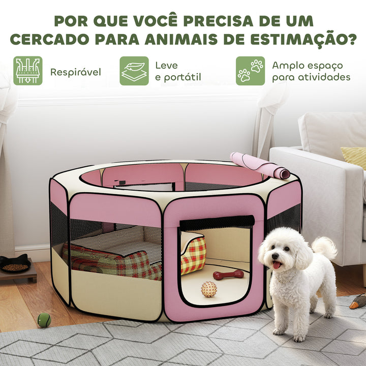 Parque Dobrável para Cães e Gatos Cercado Portátil para Animais Pequenos em Tecido Oxford Impermeável com 2 Portas Interior e Exterior Ø120x58 cm Rosa