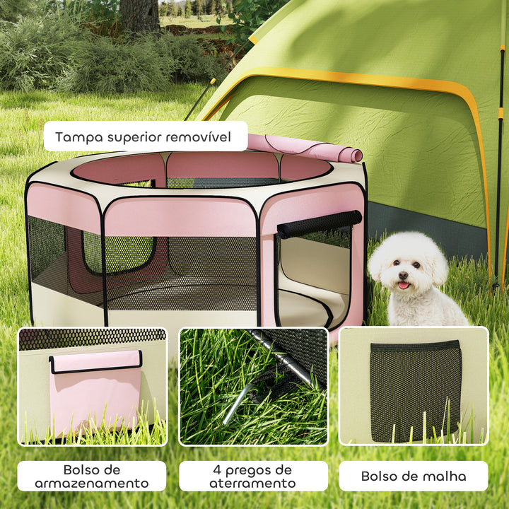 Parque Dobrável para Cães e Gatos Cercado Portátil para Animais Pequenos em Tecido Oxford Impermeável com 2 Portas Interior e Exterior Ø120x58 cm Rosa