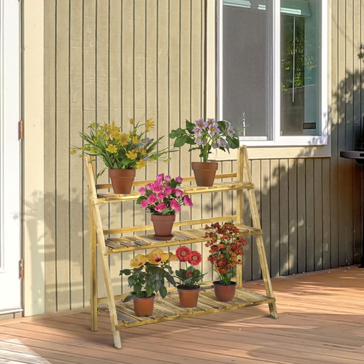 Suporte para Plantas de Madeira de 3 Níveis Prateleira Dobrável com Base de Ripas Suporte para Vasos para Interior e Exterior, Terraço e Jardim 100x37x93 cm Carbonizado