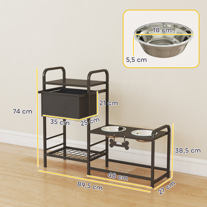 Comedouro Elevado para Cães com Gaveta em Tecido 2 Taças de Aço Inoxidável 2x800 ml Altura Ajustável 2 Prateleiras para Cães Pequenos e Médios 89,5x27x74 cm Preto