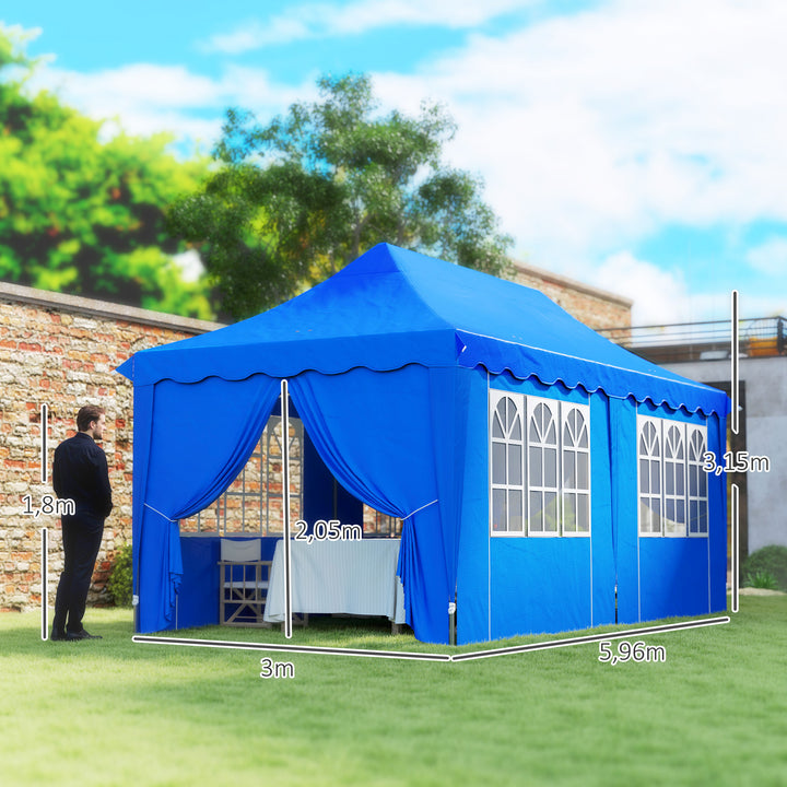 Tenda Dobrável Pop Up Tenda 596x300x315 cm Tenda Dobrável com 6 Paredes Laterais Anti-UV Altura Ajustável Bolsa de Areia e Bolsa de Transporte para Campismo Festas Azul