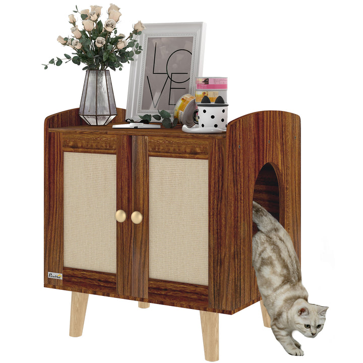Móvel Caixa de Areia para Gatos Caixa de Areia para Gatos Mesa Auxiliar com Portas e Tapetes de Sisal Pés de Madeira para Sala Quarto 55x43x59,6 cm Castanho Rústico