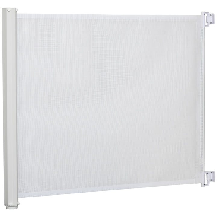Barrera para Cães Retrátil Porta para Cães Dobrável com Largura Ajustável 5,5-115 cm Barrera de Segurança para Cães com Função de Enrolamento Automático e Pega para Escadas e Portas Branco
