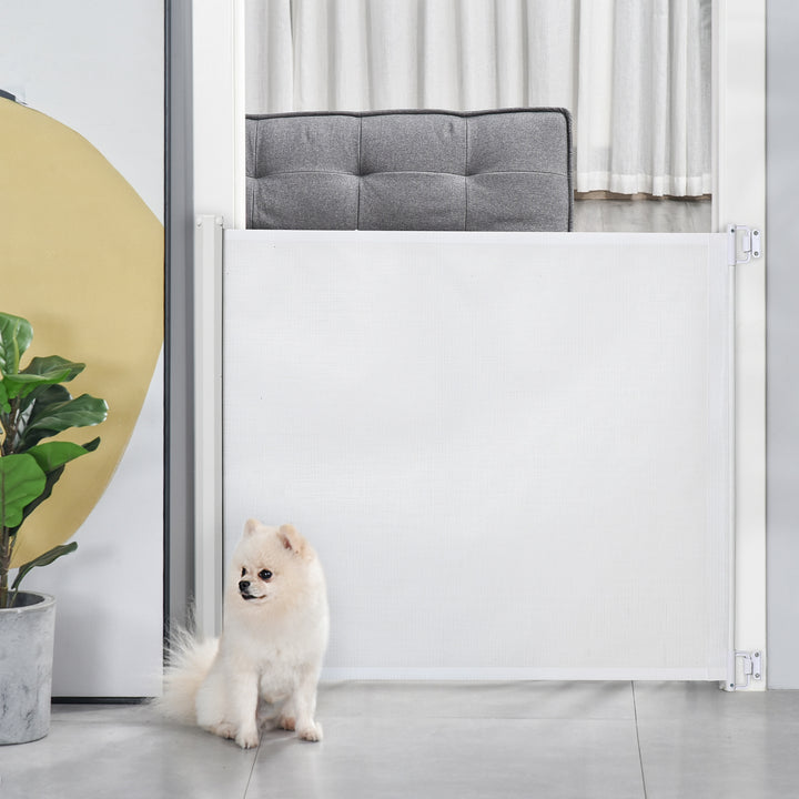 Barrera para Cães Retrátil Porta para Cães Dobrável com Largura Ajustável 5,5-115 cm Barrera de Segurança para Cães com Função de Enrolamento Automático e Pega para Escadas e Portas Branco