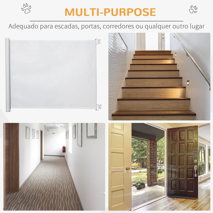 Barrera para Cães Retrátil Porta para Cães Dobrável com Largura Ajustável 5,5-115 cm Barrera de Segurança para Cães com Função de Enrolamento Automático e Pega para Escadas e Portas Branco