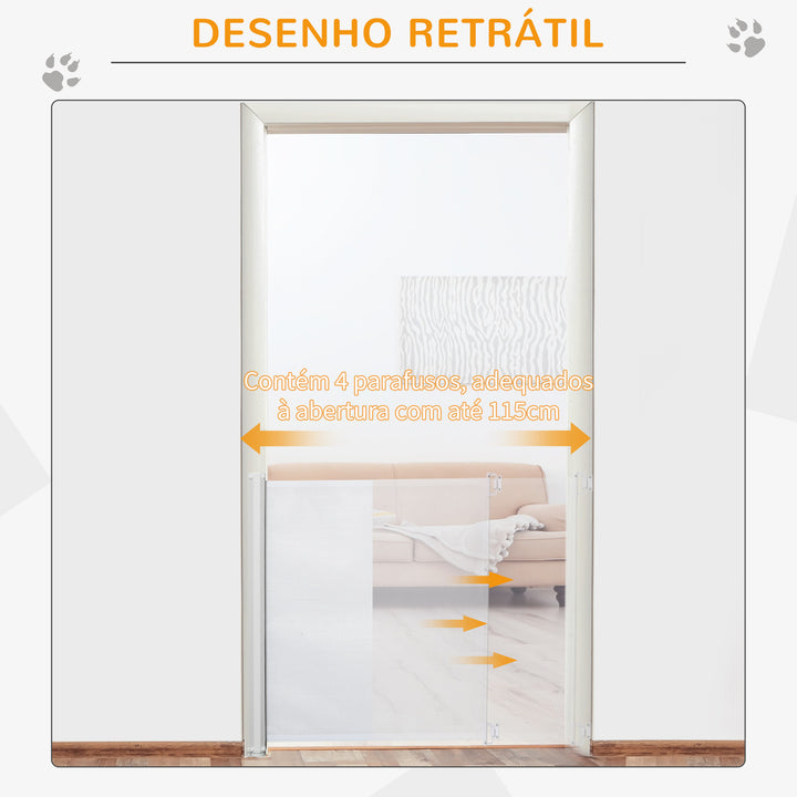 Barrera para Cães Retrátil Porta para Cães Dobrável com Largura Ajustável 5,5-115 cm Barrera de Segurança para Cães com Função de Enrolamento Automático e Pega para Escadas e Portas Branco