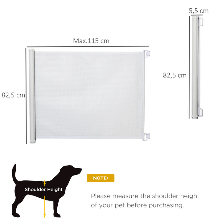 Barrera para Cães Retrátil Porta para Cães Dobrável com Largura Ajustável 5,5-115 cm Barrera de Segurança para Cães com Função de Enrolamento Automático e Pega para Escadas e Portas Branco