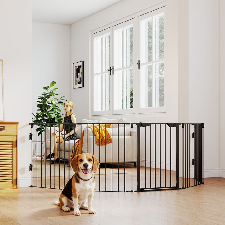 Barreira de Segurança para Animais de Estimação Barreira Dobrável de 5 Painéis com Fechadura Inteligente para Corredor Escada 300x74,5 cm Preto