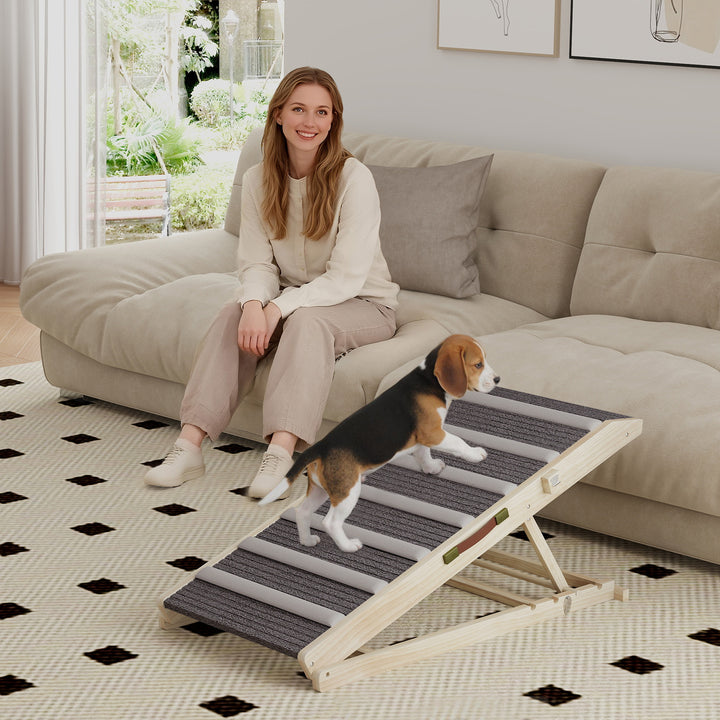 Rampa Dobrável para Cães com Altura Ajustável 35-50 cm Rampa para Animais de Estimação em Madeira com Tapete Antiderrapante e Alça para Cães Pequenos a Grandes para Cama e Sofá 100x50x50 cm Madeira e Cinza