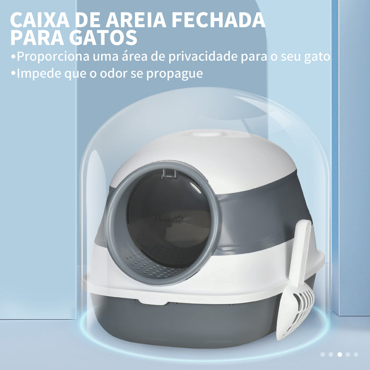 Caixa de Areia para Gatos Dobrável Caixa de Areia para Gatos Fechada Caixa de Areia para Gatos com Pá 52x41x38 cm Branco e Cinza
