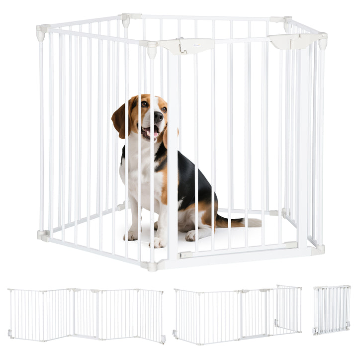 Barreira de Segurança para Animais de Estimação Barreira Dobrável de 5 Painéis com Fechadura Inteligente para Corredor Escada 300x74,5 cm Branco