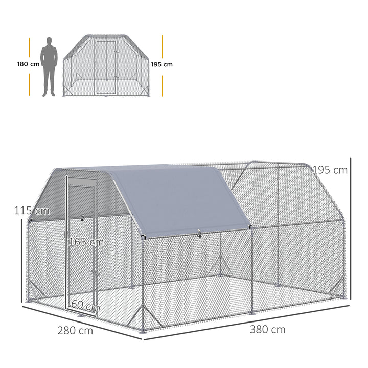 Galinheiro Grande para Exterior, 2,8x3,8x1,95 m, Estrutura de Aço Galvanizado com 2 Compartimentos, Cobertura em Tecido Oxford Resistente aos Raios UV e Impermeável, Jaula para 10-12 Galinhas ou Coelhos, Prata