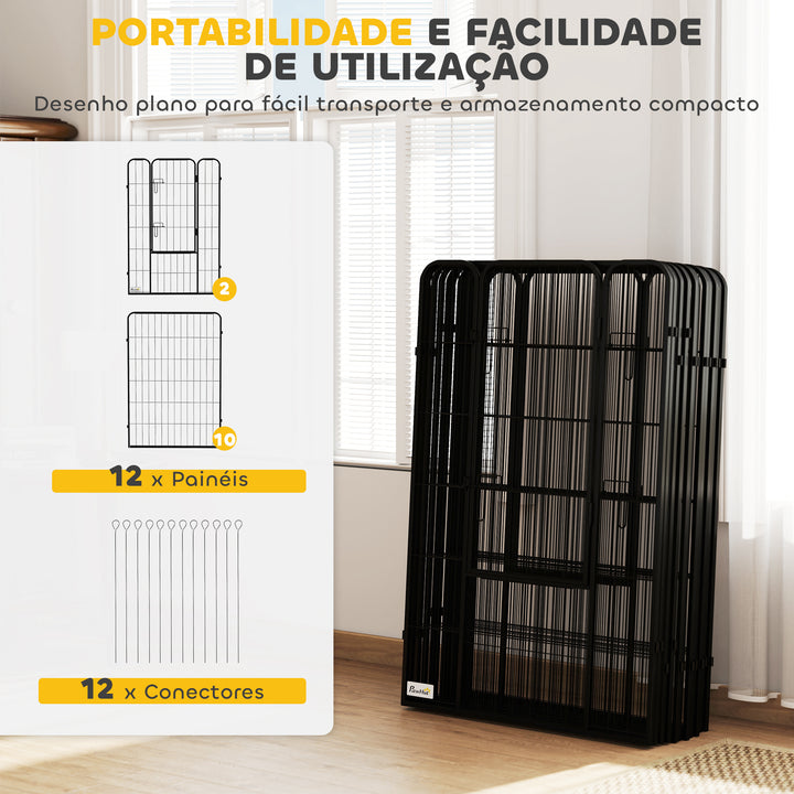 Parque para Cães com 12 Painéis Recinto para Animais de Estimação Modular com 2 Portas para Interior e Exterior Aço 80x120 cm Preto