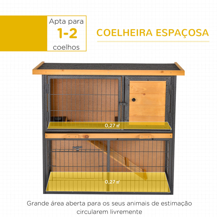 Coelheira de Exterior de Madeira para Animais Pequenos 2 Níveis com Rampa Bandeja Removível Portas com Fechaduras 89,5x45x81 cm Madeira e Cinza