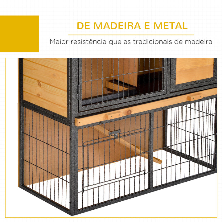 Coelheira de Exterior de Madeira para Animais Pequenos 2 Níveis com Rampa Bandeja Removível Portas com Fechaduras 89,5x45x81 cm Madeira e Cinza