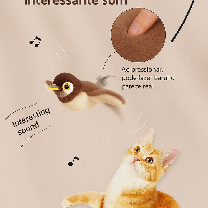 Flupytoy Brinquedo Interativo de Pelúcia com Sensor de Toque e Catnip – Pássaro pardal Recarregável com Som e Asas em Movimento para Gatos de Interior