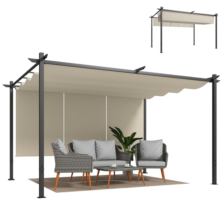 Pérgola com Teto Retrátil Pérgola de 390x293x220 cm Pérgola de Parede ou Independente com Lados Enroláveis Proteção UV30+ Pérgola para Jardim Patio Exterior Bege