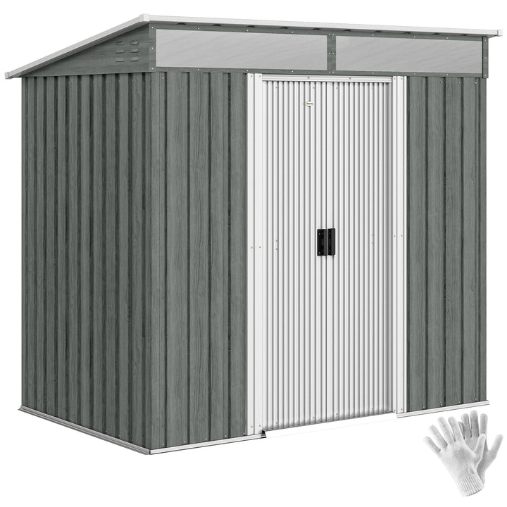 Abrigo de Jardim Exterior 2 m² 195x122x181,5 cm Abrigo Metálico com Base SEM CHÃO 2 Portas de Correr Janelas e Ganchos para Ferramentas Cinza Claro