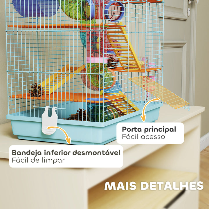 Gaiola para Hamster Casa para Animais Pequenos de Múltiplos Níveis com Sistema de Tubos 4 Plataformas Comedouro Bebedouro Casinha Roda de Exercício Escadas e Bandeja 47x30x59 cm Azul Claro