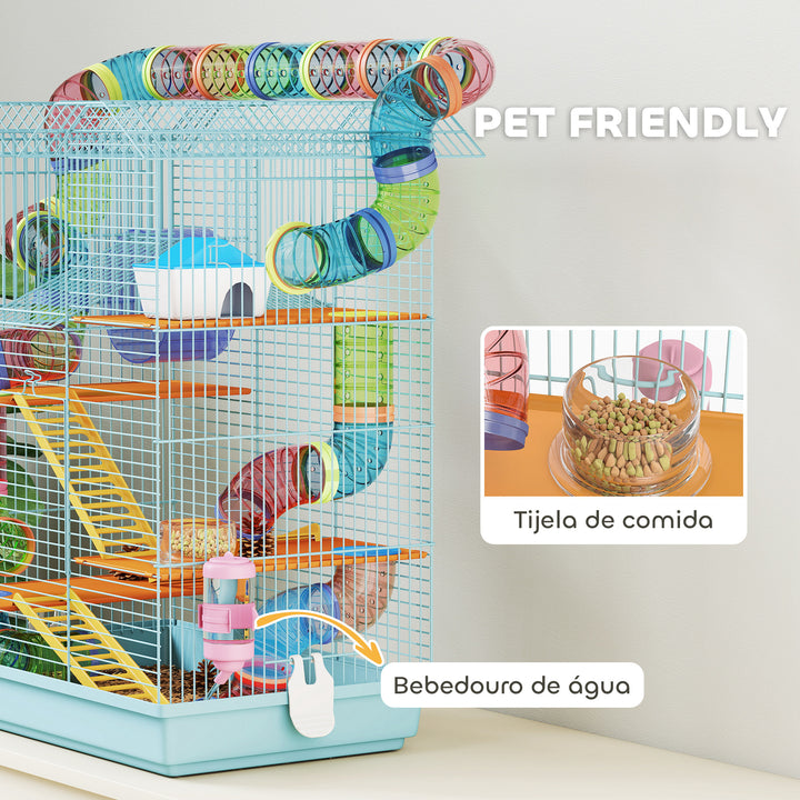 Gaiola para Hamster Casa para Animais Pequenos de Múltiplos Níveis com Sistema de Tubos 4 Plataformas Comedouro Bebedouro Casinha Roda de Exercício Escadas e Bandeja 47x30x59 cm Azul Claro