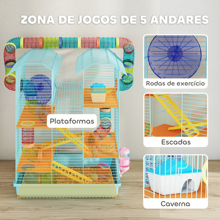 Gaiola para Hamster Casa para Animais Pequenos de Múltiplos Níveis com Sistema de Tubos 4 Plataformas Comedouro Bebedouro Casinha Roda de Exercício Escadas e Bandeja 47x30x59 cm Azul Claro