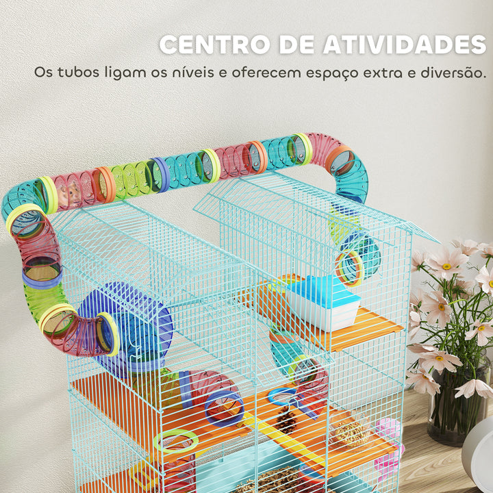 Gaiola para Hamster Casa para Animais Pequenos de Múltiplos Níveis com Sistema de Tubos 4 Plataformas Comedouro Bebedouro Casinha Roda de Exercício Escadas e Bandeja 47x30x59 cm Azul Claro