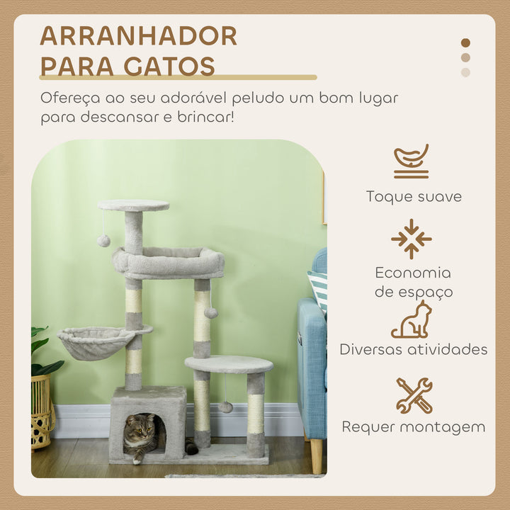 Arranhador para Gatos Altura 104 cm Arranhador para Gatos Torre de Escalada com Postes Arranhadores de Sisal Cova Plataformas e Bolas Suspensas 65x30x104 cm Cinzento Claro