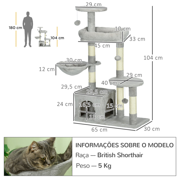 Arranhador para Gatos Altura 104 cm Arranhador para Gatos Torre de Escalada com Postes Arranhadores de Sisal Cova Plataformas e Bolas Suspensas 65x30x104 cm Cinzento Claro
