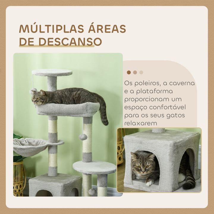 Arranhador para Gatos Altura 104 cm Arranhador para Gatos Torre de Escalada com Postes Arranhadores de Sisal Cova Plataformas e Bolas Suspensas 65x30x104 cm Cinzento Claro