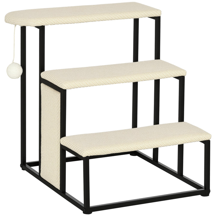 Escada para Cães de 3 Níveis Escada para Animais de Estimação com 3 Degraus Bola Suspensa Painel para Arranhar e Estrutura de Aço 47x45x47 cm Creme e Preto