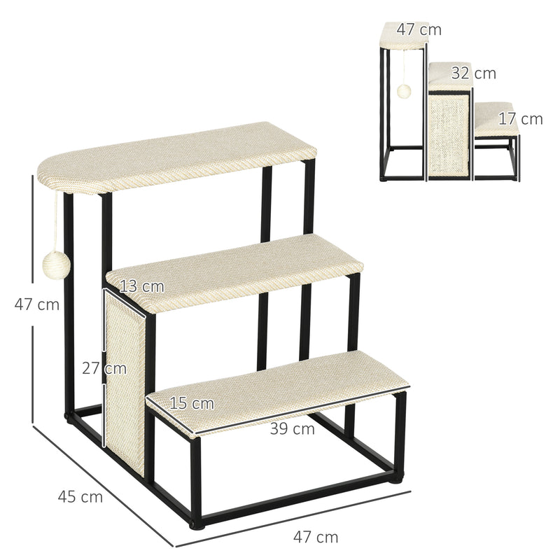 Escada para Cães de 3 Níveis Escada para Animais de Estimação com 3 Degraus Bola Suspensa Painel para Arranhar e Estrutura de Aço 47x45x47 cm Creme e Preto