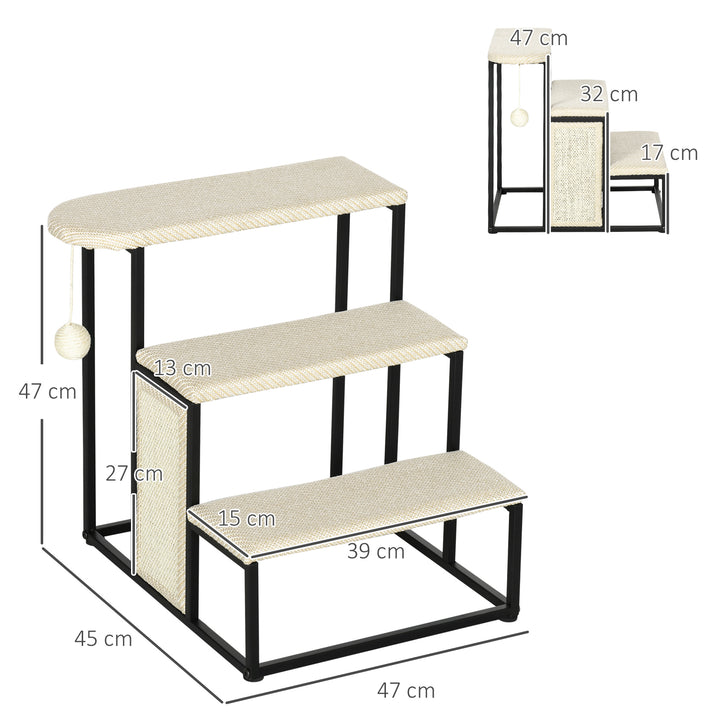 Escada para Cães de 3 Níveis Escada para Animais de Estimação com 3 Degraus Bola Suspensa Painel para Arranhar e Estrutura de Aço 47x45x47 cm Creme e Preto