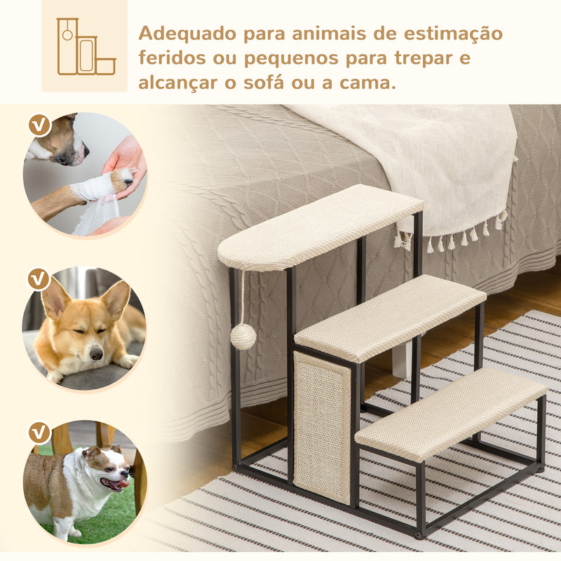 Escada para Cães de 3 Níveis Escada para Animais de Estimação com 3 Degraus Bola Suspensa Painel para Arranhar e Estrutura de Aço 47x45x47 cm Creme e Preto