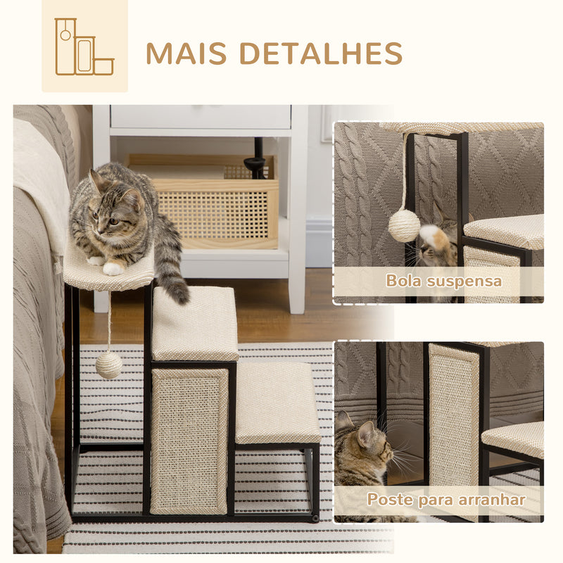 Escada para Cães de 3 Níveis Escada para Animais de Estimação com 3 Degraus Bola Suspensa Painel para Arranhar e Estrutura de Aço 47x45x47 cm Creme e Preto