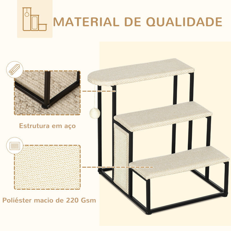 Escada para Cães de 3 Níveis Escada para Animais de Estimação com 3 Degraus Bola Suspensa Painel para Arranhar e Estrutura de Aço 47x45x47 cm Creme e Preto