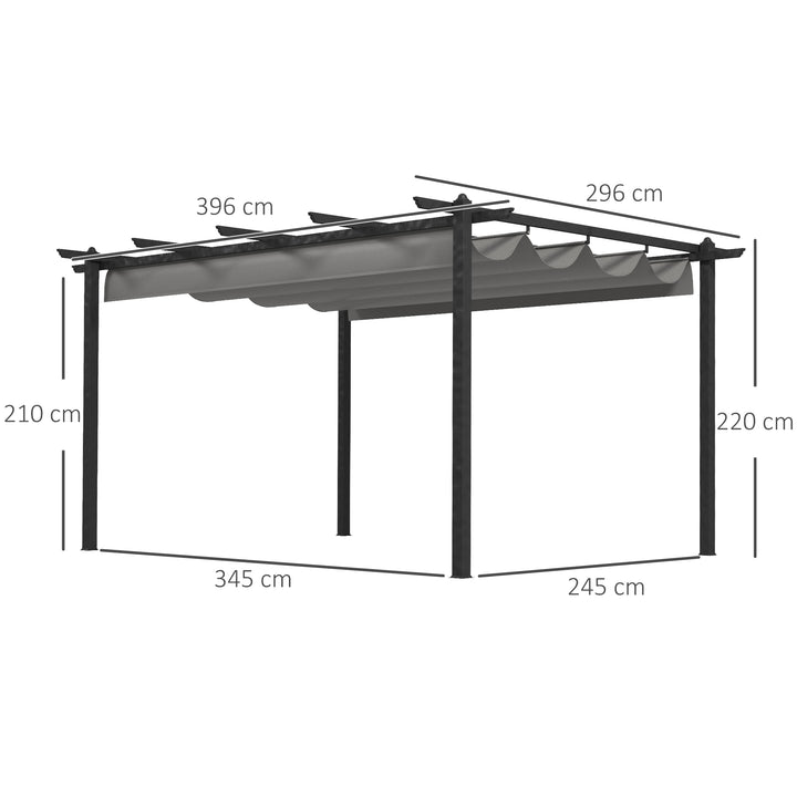 Pérgola de Alumínio 3,96x2,96x2,2 m Pérgola de Jardim com Teto Retrátil Tecido de Poliéster e 8 Orifícios de Drenagem para Pátio Terraço Exterior Cinza