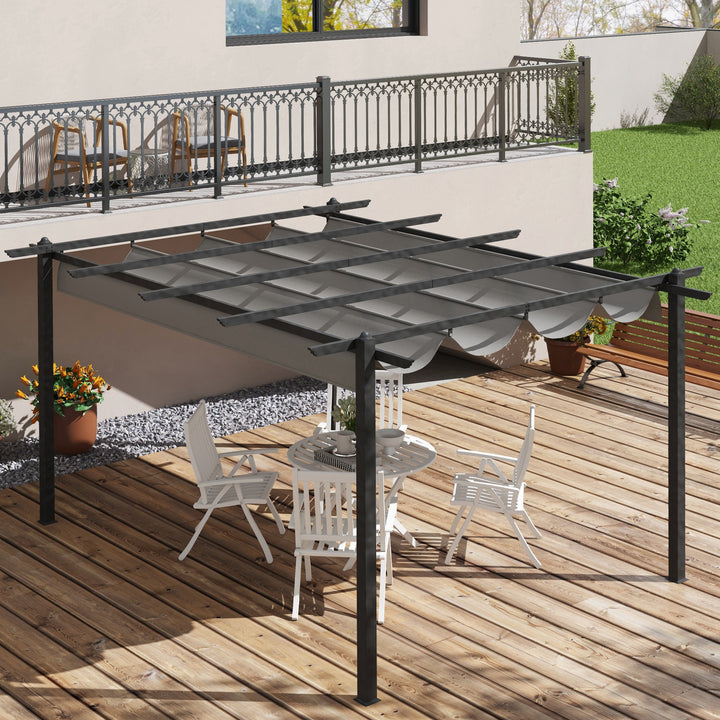Pérgola de Alumínio 3,96x2,96x2,2 m Pérgola de Jardim com Teto Retrátil Tecido de Poliéster e 8 Orifícios de Drenagem para Pátio Terraço Exterior Cinza