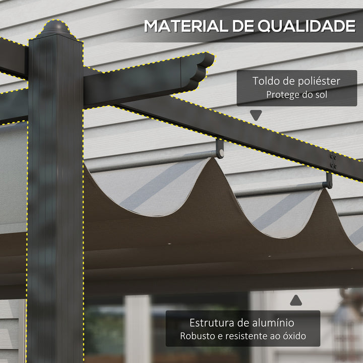 Pérgola de Alumínio 3,96x2,96x2,2 m Pérgola de Jardim com Teto Retrátil Tecido de Poliéster e 8 Orifícios de Drenagem para Pátio Terraço Exterior Cinza