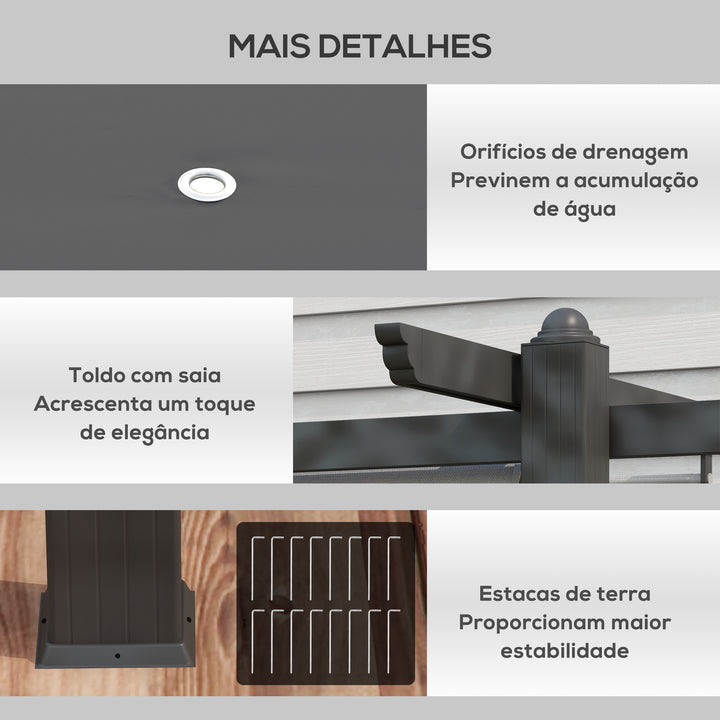 Pérgola de Alumínio 3,96x2,96x2,2 m Pérgola de Jardim com Teto Retrátil Tecido de Poliéster e 8 Orifícios de Drenagem para Pátio Terraço Exterior Cinza