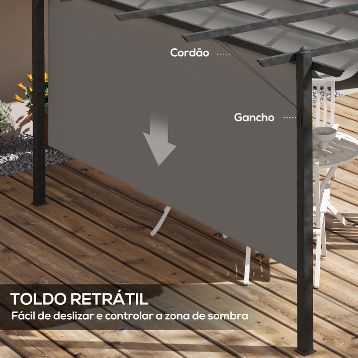 Pérgola de Alumínio 3,96x2,96x2,2 m Pérgola de Jardim com Teto Retrátil Tecido de Poliéster e 8 Orifícios de Drenagem para Pátio Terraço Exterior Cinza