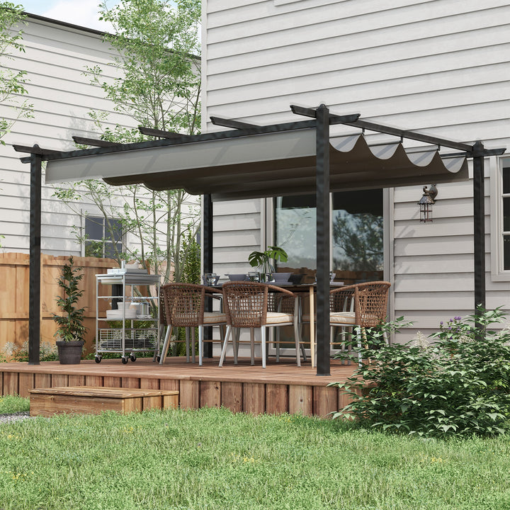 Pérgola de Alumínio 3,96x2,96x2,2 m Pérgola de Jardim com Teto Retrátil Tecido de Poliéster e 8 Orifícios de Drenagem para Pátio Terraço Exterior Cinza