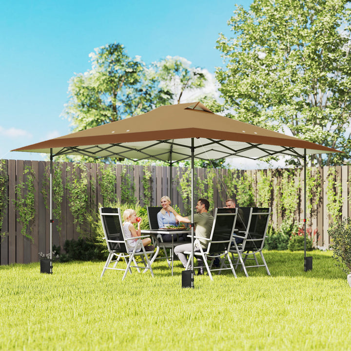 Tenda Dobrável Pop-up Gazebo 4x4 m com Bloqueio Central, UPF50+, Altura Ajustável, 4 Sacos de Areia e Bolsa de Transporte com Rodas, para Camping, Festas, Bege e Castanho