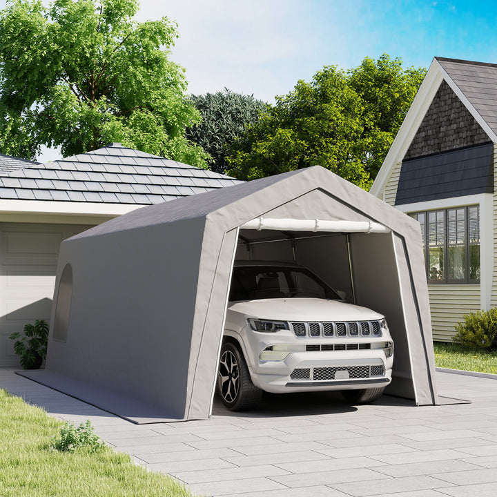 Abrigo de Jardim Exterior 300x597x257 cm Tenda de Armazenamento com Porta Enrolável para Motas Bicicletas e Ferramentas de Jardim Cinzento