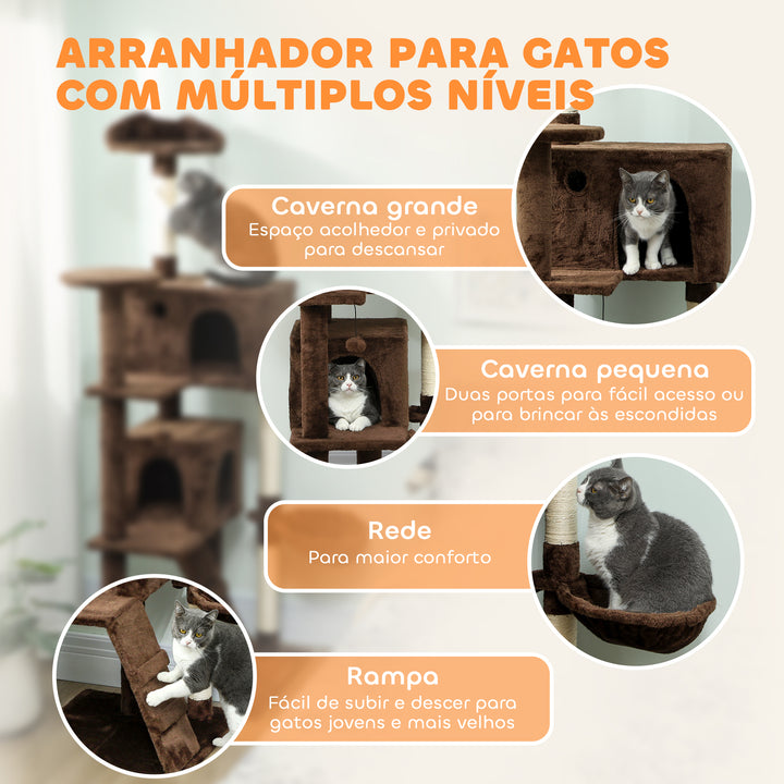 Arranhador para Gatos 180 cm Torre de Escalada com Múltiplas Plataformas Cama 2 Cavernas Rede Escada Postes de Sisal Bolas para Brincar Marrom