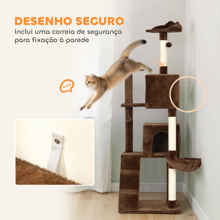 Arranhador para Gatos 180 cm Torre de Escalada com Múltiplas Plataformas Cama 2 Cavernas Rede Escada Postes de Sisal Bolas para Brincar Marrom