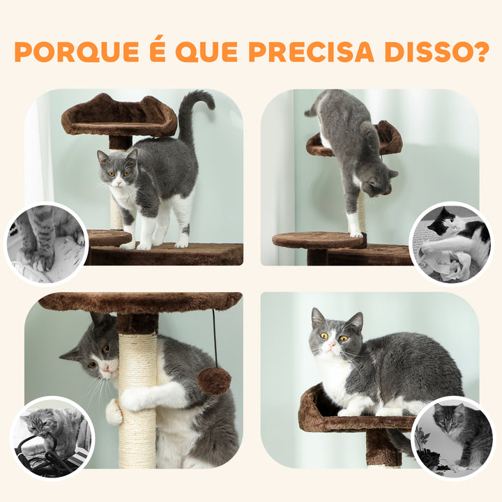 Arranhador para Gatos 180 cm Torre de Escalada com Múltiplas Plataformas Cama 2 Cavernas Rede Escada Postes de Sisal Bolas para Brincar Marrom
