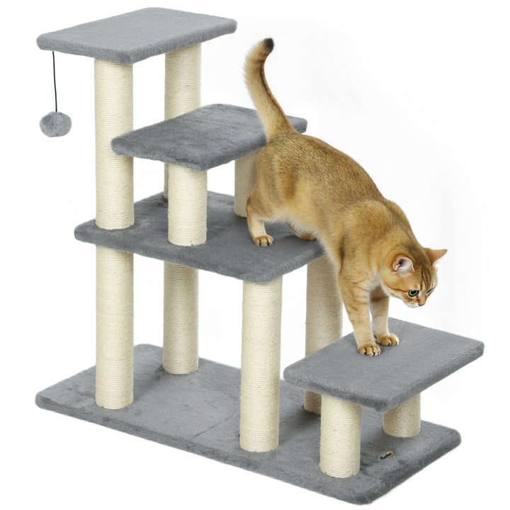 Escada para Animais Ajustável de 3 ou 4 Degraus Escada para Gatos com Postes Arranhadores Bola Suspensa para Cama Sofá Peitoris 70x32x68 cm Cinzento