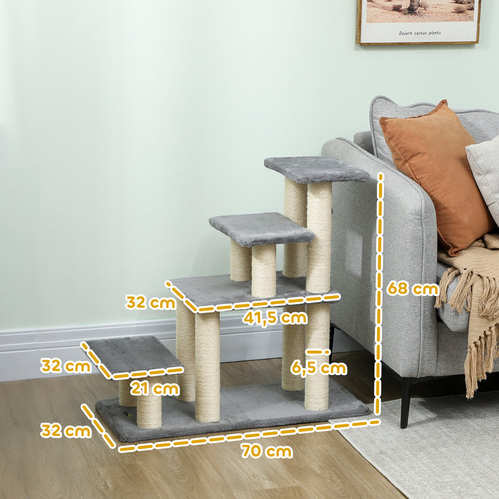 Escada para Animais Ajustável de 3 ou 4 Degraus Escada para Gatos com Postes Arranhadores Bola Suspensa para Cama Sofá Peitoris 70x32x68 cm Cinzento